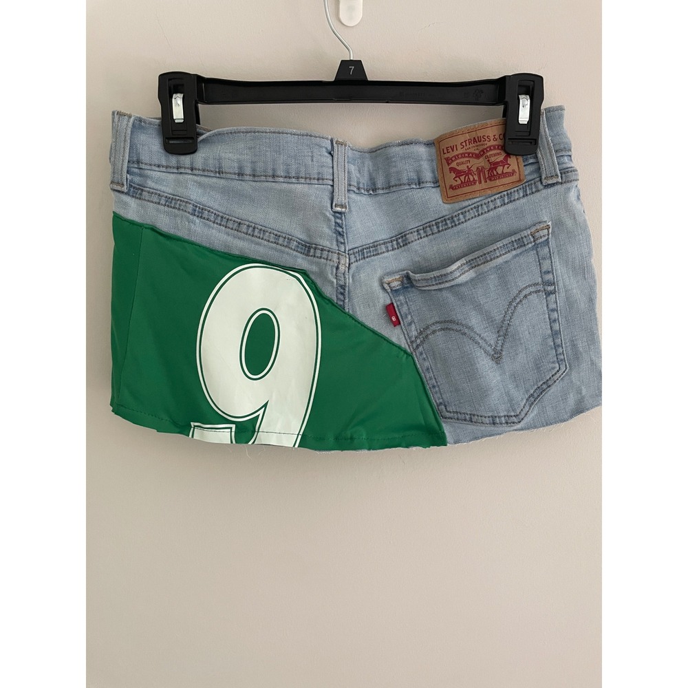 Levis Reworked Denim Mini Skirt Upcycled Green Jersey Number 9 Raw Hem
